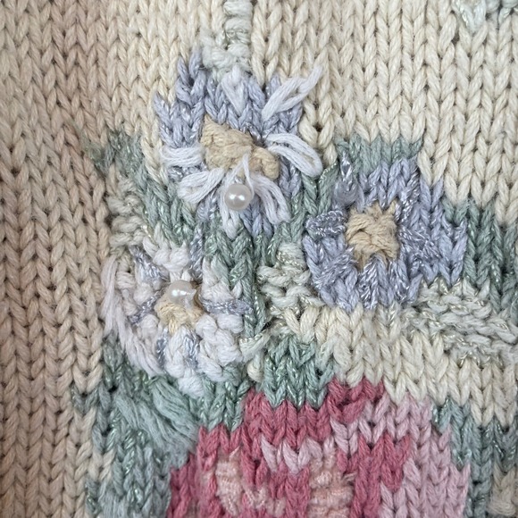 Vintage Casual Corner Floral Knit Sweater XL Cream Pearl Embellished Grandma - Picture 4 of 8